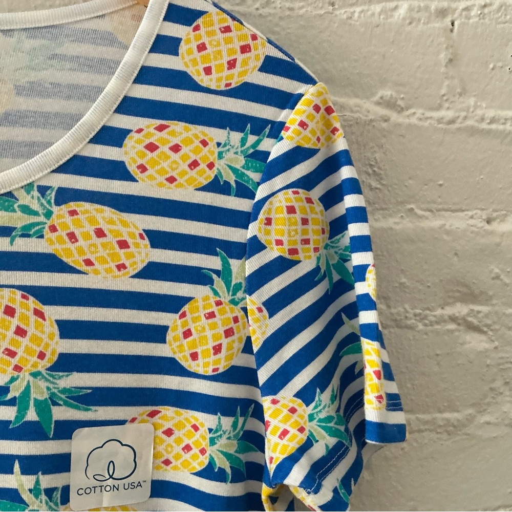 NWT Womens Blue Striped Top 100% Cotton Yellow Pineapple Print Tropical Summer L - Picture 4 of 11